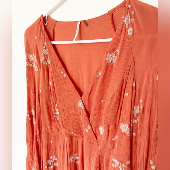 Free People Jasmine Bell Sleeve Dress - Embroidered Orange/Coral - Size 4 - Picture 2 of 4